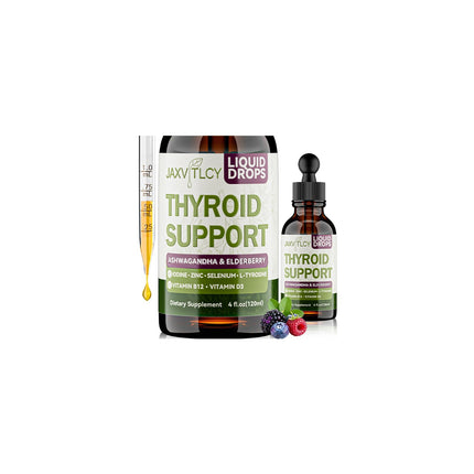 JAXVITLCY Thyroid Support Drops with Iodine, Selenium, Zinc & L-Tyrosine - Liquid Metabolism & Energy Supplement with Ashwagandha & Elderberry - Vegan, Non-GMO, Berry Flavor, High Absorption, 4 Fl Oz