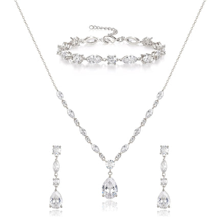Clear Cubic Zirconia Drop Wedding Jewelry Set for Bride Bridesmaid Silver