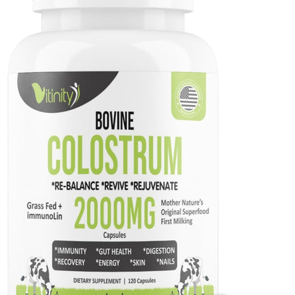 VITINITY Grass Fed Bovine Colostrum Capsules for Humans - Natural IgG Colostrum Supplement for Gut Health, Immune Support, Muscle Recovery & Wellness | Pure Colostrum Superfood, Unflavored (120 Count)