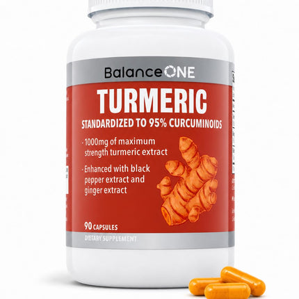 Balance ONE Turmeric Extract 1000mg - Turmeric Curcumin Supplement with 95% Curcuminoids, Black Pepper Piperine & Ginger - Joint Comfort & Antioxidant Support