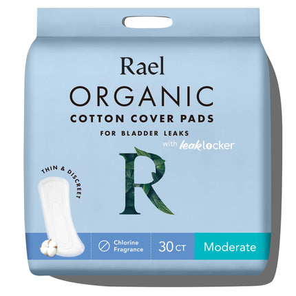 Rael Incontinence Pads for Women, Organic Cotton Cover, Postpartum Essential, Heavy Absorbency, Bladder Control, 4-Layer Core with Leak Guard Technology, Long Length (Moderate, 30 Count)