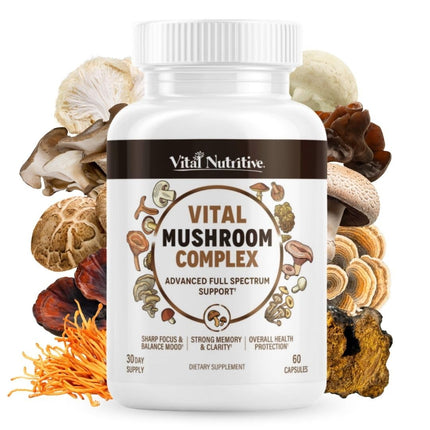 Vital 10-in-1 Mushroom Supplement Complex – High Potency Lion’s Mane, Cordyceps, Reishi & Turkey Tail Capsules – Nootropic Brain Support for Memory, Focus & Energy – 30 Day Supply