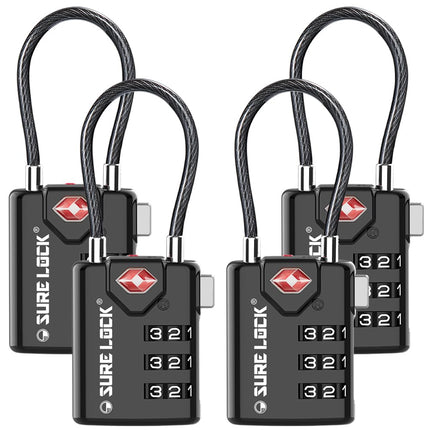 SURE LOCK TSA Approved Combination Luggage Locks with Open Alert Indicator – Durable Zinc Alloy Cable Travel Locks with Large Easy-Read Dials for Suitcases, Backpacks & Gym Bags Black 4 Pack