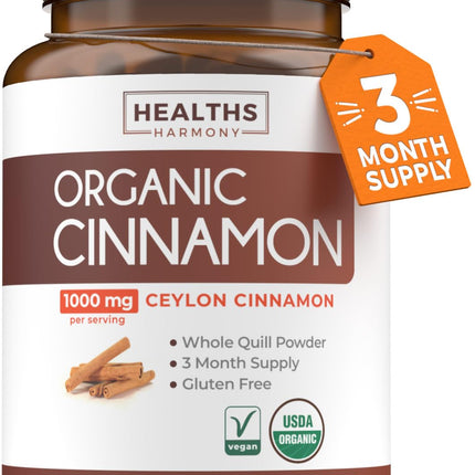 USDA Organic Ceylon Cinnamon Pills - High Potency Ceylon Cinnamon Supplement with 1000mg per Serving for Full Body Antioxidant Support - Vegan Non-GMO cGMP Made & Lab Verified (3 Months Supply)