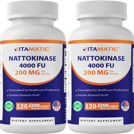 Vitamatic 2 Packs Nattokinase Supplement 4,000 FU Servings, 120 Delayed Released Capsules - Survives Stomach Acids - Non-GMO & Gluten Free - Made in The USA