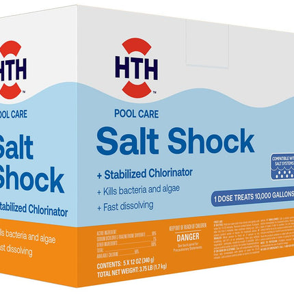 HTH 52047 Swimming Pool Care Salt Shock, Stabilized Chlorinator, 1 dose Treats 10000 gallons, 5x12oz Packets