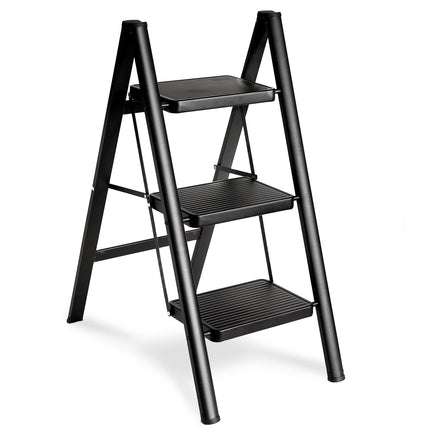 Double Elite Folding 3 Step Ladder, Sturdy 330 Lbs Load Small Step Stool for Adults, Safer Full Steel Multi-use Kitchen Ladder for Home, Closet Step Stool Ladder with Wide Pedals, Black, 3-Step