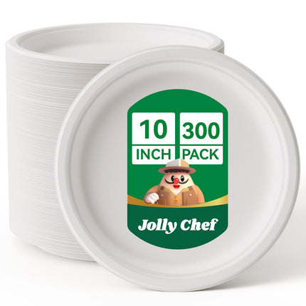 JOLLY CHEF Compostable Heavy Duty Plates 𝟭𝟬 𝗜𝗻𝗰𝗵 [𝟯𝟬𝟬 𝗣𝗮𝗰𝗸] Eco-Friendly Disposable White Uncoated Paper Plates Bagasse Sugarcane Biodegradable for Hot Cold Food Party Dinner Weddings