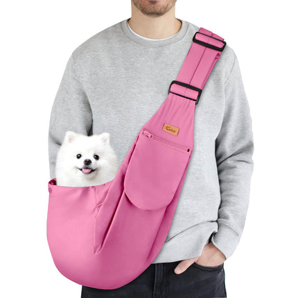 CUBY Dog and Cat Sling Carrier, Hands Free Reversible Pet Papoose Bag, Soft Pouch Adjustable, Suitable for Puppy Cats for Outdoor Travel (Pink Classic, S-Adjustable Strap)