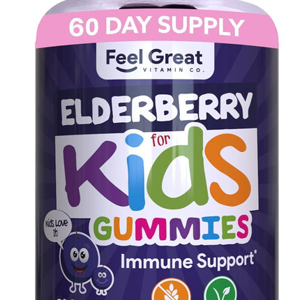 Feel Great Kids Elderberry Gummies with Zinc and Vitamin C | Immune Support Sambucus Elderberry | Berry Flavored Vegan Kids Multivitamins | 60 Day Supply