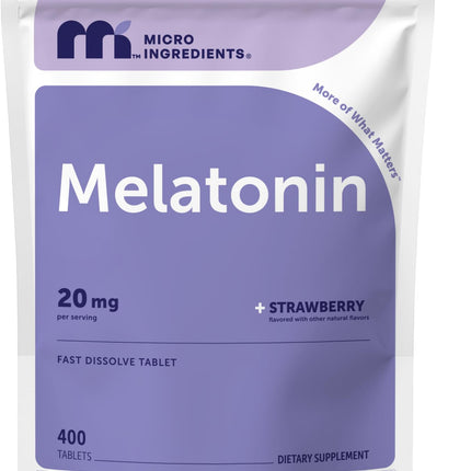 Micro Ingredients Melatonin 20mg, 400 Tablets | Strawberry Flavor | Fast Dissolve | 100% Drug Free | Vegetarian Friendly | Non-GMO, No Gluten, Sugar Free