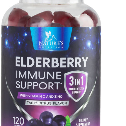 Elderberry Gummies - 3X Strength Black Elderberry Immune Support Gummy with Vitamin C, D3 and Zinc for Kids & Adults, Immune Health Support Supplement Gummy, Black Elder Berry Vitamins - 120 Gummies
