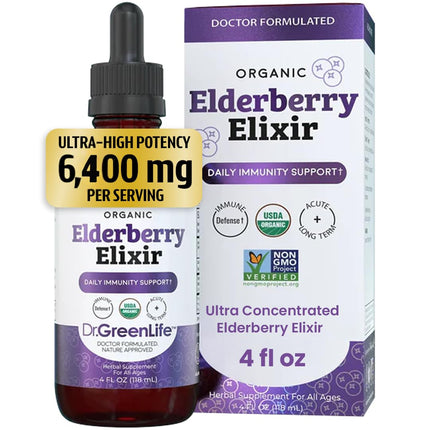 Dr. Green Mom Organic Black Elderberry Elixir – High Potency 6,400 mg – No Honey – Immune Support Liquid Drops Elderberry Syrup for Babies Toddlers Kids Adults – 4 fl oz