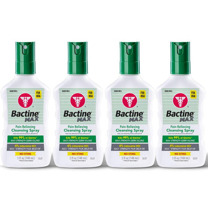 Bactine MAX First Aid Spray - Pain Relief Cleansing Spray with 4% Lidocaine - Numbing Lidocaine Kills 99% of Germs - Pain + Itch Relief for Minor Cuts & Scrapes, Burns & Bug Bites - 5oz, 4 Pack
