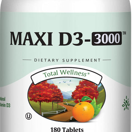 Maxi Health Vitamin D3 3000 IU 75 mcg Vitamin D Supplement for Healthy Bones, Teeth, Immune Support - VIT D3 Supplement Easy to Swallow Non-GMO, Supplement for Men and Women – Kosher (180 Tablets)