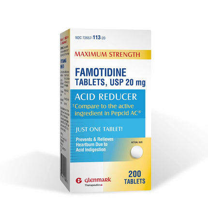 Glenmark Maximum Strength Famotidine Tablets, 20 mg, Acid Reducer for Heartburn Relief, 200 Count