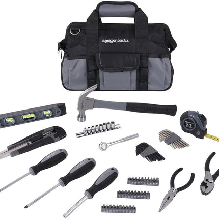 Amazon Basics 65 Piece Home Repair Tool Kit Set With Carrying Bag, Hand Tools, Socket Set, SAE and Metric, Silver, Black