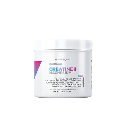 Livingood Daily Creatine + Magnesium Powder, Unflavored | 5g Micronized Creatine Monohydrate with Magnesium for Energy, Muscle Recovery & Performance | 30 Servings