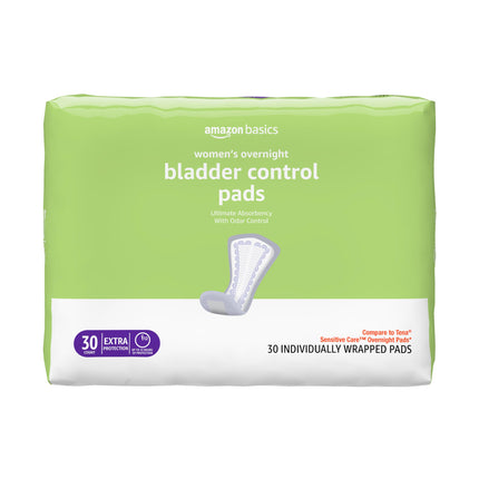 Amazon Basics Incontinence Pads for Women, Postpartum Pads, Bladder Control, Overnight Absorbency, Fresh Protection, Unscented, 30 Count