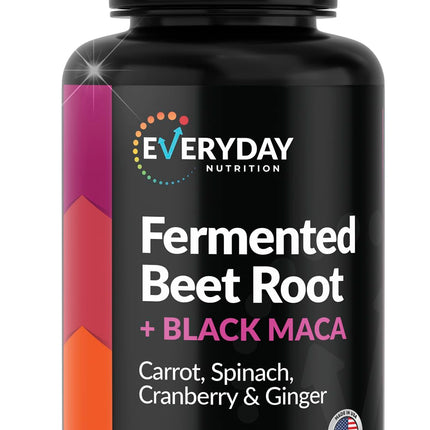 EVERYDAY NUTRITION Organic Fermented Beet Root & Black Maca Capsules with Carrot, Spinach, Cranberry & Ginger | Superfood for Energy, Stamina & Wellness | 90 Veggie Capsules | Made in USA