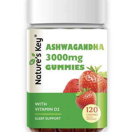 Nature's Key Ashwagandha Gummies, High Potency Ashwagandha Root Extract with Vitamin D2, for Men & Women, Stress, Calm Mood & Cognition, Strawberry Flavor (120 Count (Pack of 1)