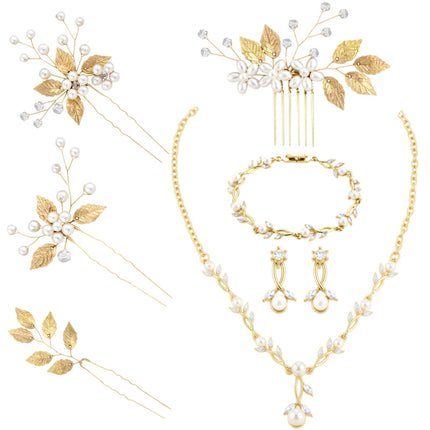 Liliaafar 8 Pcs Crystal Wedding Jewelry Set Women Silver Necklace Earrings Bracelet Hair Pins Gift for Brides Bridesmaid Wife Mother Friend Party Prom Jewelry Accessories (Leaf)