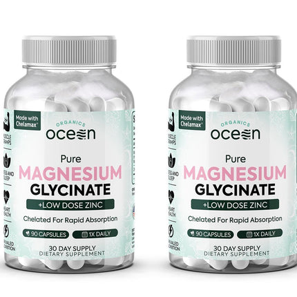 Organics Ocean Pure Magnesium Glycinate with Zinc - Maximum Strength Chelated Magnesium Supplement for Women and Men for Muscle Cramps and Sleep Support - 2 Bottles