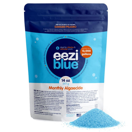 Eeziblue Monthly Algaecide for Swimming Pool — Patented Zn-Cu Synergy™, Treats Green, Black & Mustard Algae, Inground & Above Ground Pools, Up to 13,000 Gallons, Pre-Measured Dose