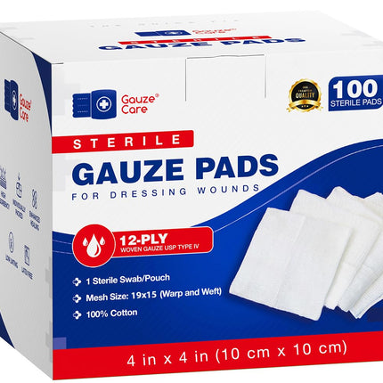 100pc Large Sterile Gauze Pads 4x4 Sterile for Wounds Bulk - 12ply Woven Gauze Sponges - USP IV Breathable Mesh 4x4 Gauze Pads Sterile for Enhanced Absorption - First Aid Medical