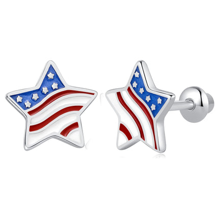 BETTY&SARAH 925 Sterling Silver Star Earrings American Flag Screw Back Earrings, Hypoallergenic Safety Backs for Girls Teens Women 4th of july patriotic Multicolor (BSE217)