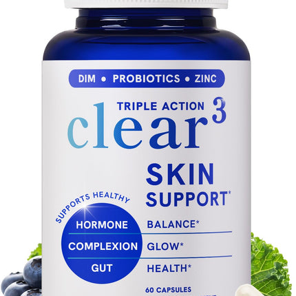 Clear Skin Supplement with Zinc, DIM & Probiotics | 3-in-1 Balance, Glow & Health Skin Support | Triple Action Hyaluronic Acid, Niaciminide & Vitamins for Hormone, Complexion & Gut Support | 60 Ct