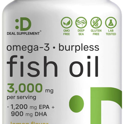DEAL SUPPLEMENT Omega 3 Fish Oil Supplements, 3,000mg Per Serving, 240 Softgels – EPA 1,200mg + DHA 900mg – Burpless Pills, Lemon Flavored, Wild Caught – Brain & Heart Support – Mercury Free, Non-GMO