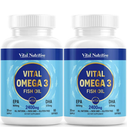 Vital Omega 3 Fish Oil Supplements 2400mg | 864mg EPA & 576mg DHA | 1440mg Total Omega-3 Fatty Acids | Promotes Brain & Heart Health | Non-GMO, Gluten-Free | Lemon | 60 Day Servings