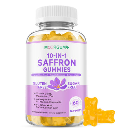 Saffron Gummies for Adult Kids, 10-IN-1 Cortisol Support Supplement with Saffron 88.5mg, Vitamin D3, B6, Magnesium, Zinc, Ashwagandha, L-Theanine, St. John's Wort, For Emotions, Slumber, 60 Count