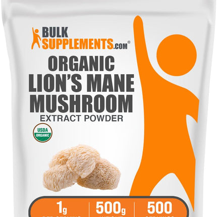 BulkSupplements.com Organic Lion's Mane Mushroom Extract Powder - Mushroom Supplement, Brain Supplement for Memory and Focus Support - Vegan, 1g per Serving, 500g (1.1 lbs) (Pack of 1)