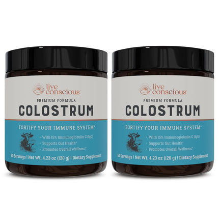 Live Conscious Colostrum Powder - Grass Fed Bovine Colostrum Supplement with Lactoferrin for Iron Absorption - Immune System Supplement (2-Pack)
