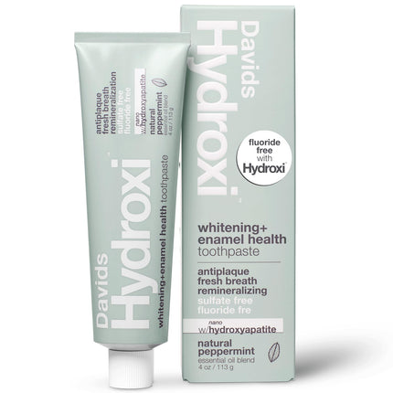 Davids Hydroxi Fluoride Free Nano Hydroxyapatite Whitening + Enamel Health Toothpaste, Antiplaque, Fresh Breath, Remineralizing, SLS Free, Natural Peppermint, 4 oz, Made in USA