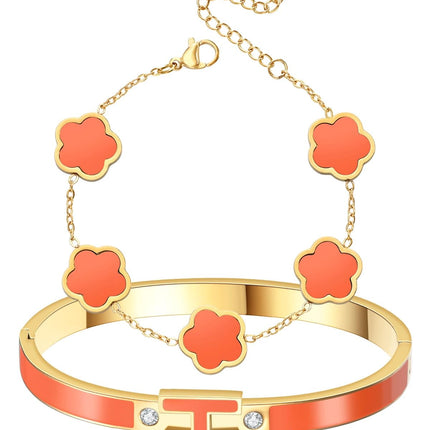 fekang Gold H Bangle & Clover Bracelet for Women -Orange bracelet Set