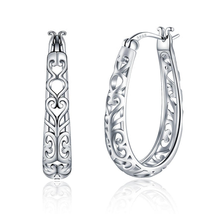 JSGEMSLEE Vintage Filigree Hoop Earrings 925 Sterling Silver Lightweight Oval Hoop Earrings for Women Hypoallergenic Earrings