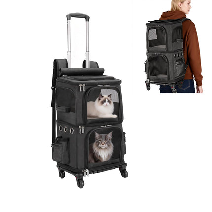HOVONO Double-Compartment Pet Carrier Backpack with Wheels for Small Cats and Dogs, Cat Rolling Carrier for 2 Cats, Perfect for Traveling/Taking a Walk/Trips to The Vet, Black