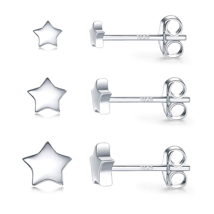 3 Pairs 925 Sterling Silver Star Stud Earrings for Women,Tiny Simple Geometric Stud Earrings Set Small Hypoallergenic Cartilage Tragus Ear Jewellery for Men (3/4/5mm)