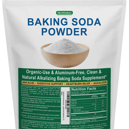 BioWisdom Nutraceuticals Baking Soda Powder for Organic Use, Grade 1 Aluminum Free Baking Soda, Natural No Chemicals, Pure Powder for Cooking, Stomach Acid, Kidney Supplement, 1lb
