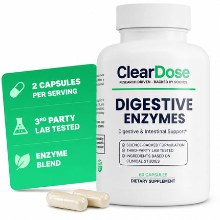 ClearDose Digestive Enzymes with Probiotics – Broad Spectrum Enzyme Formula for Digestive Support, Bloating & Gas Relief, Lactase, Protease, Lipase – 60 Capsules