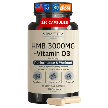 VINATURA HMB 3000mg and Vitamin D3 Supplement - Muscle Defense with HMB (Beta-Hydroxy Beta-Methylbutyrate), Vitamin D3 (1600 IU), Made in USA, Labs Tested & NSF Certified for Sport - 120 Capsules