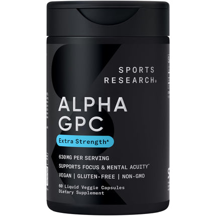 Sports Research® Alpha GPC 630mg (Extra Strength) - Bioavailable Source of Choline - Focus & Cognitive Support for Women & Men - Vegan Certified · Non-GMO · Gluten Free - 60 Liquid Capsules