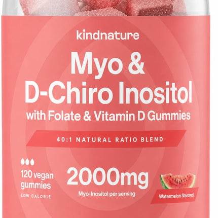 kindnature Myo-Inositol & D-Chiro Inositol Gummies for Women – 2000mg + 50mg, Ideal 40:1 Ratio – with Vitamin D & Folate – Hormone Balance & Fertility Support – Vegan, Watermelon Flavor (120 Gummies)