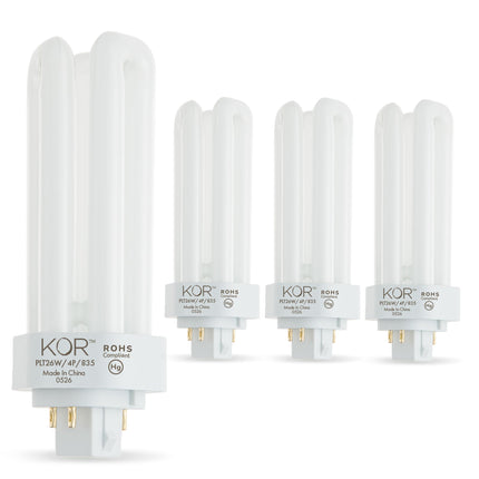 KOR (Pack of 4 26 Watt Triple Tube - GX24Q-3 (4 Pin) Base -3500K White - CFL Light Bulb - Philips 268243 PL-T 26W/35/4P/ALTO - GE 97616 F26TBX/835/A/ECO