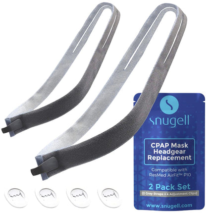Snugell AirFit P10 Headgear Strap Replacement for Nasal Pillow Mask CPAP Accessories with 4 Adjustment Clips – Durable Premium Elastic Providing Secure Comfortable Sleep Therapy, 2 Pack - Gray