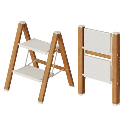Mayi Plus 2-Step Aluminum Ladder,Lightweight Folding Step Stool with Extra-Wide Anti-Slip Steps,330 lbs Capacity,Compact Space-Saving Design for Home,Kitchen and Office（White&Woodgrain）