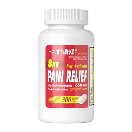 HealthA2Z® Pain Relief Extended Release, Acetaminophen 650mg, 8 Hour Pain Reliever, Fever Reducer, Arthritis Pain, Aspirin Free, Dye Free, 300 Caplets